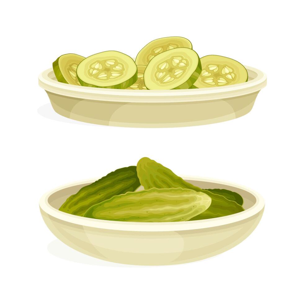 Two bowls of pickles and slices of cucumbers vector