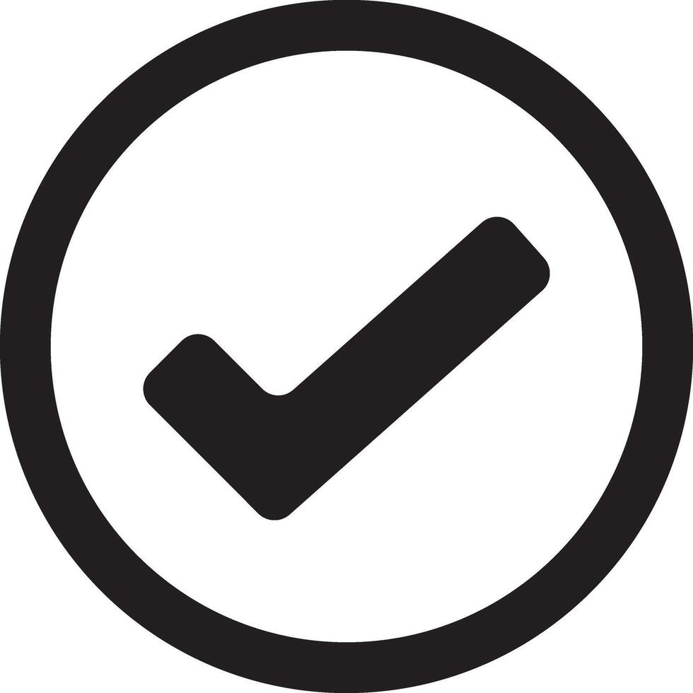 Black checkmark icon within a circular outline, signifying completion, approval, or correctness vector