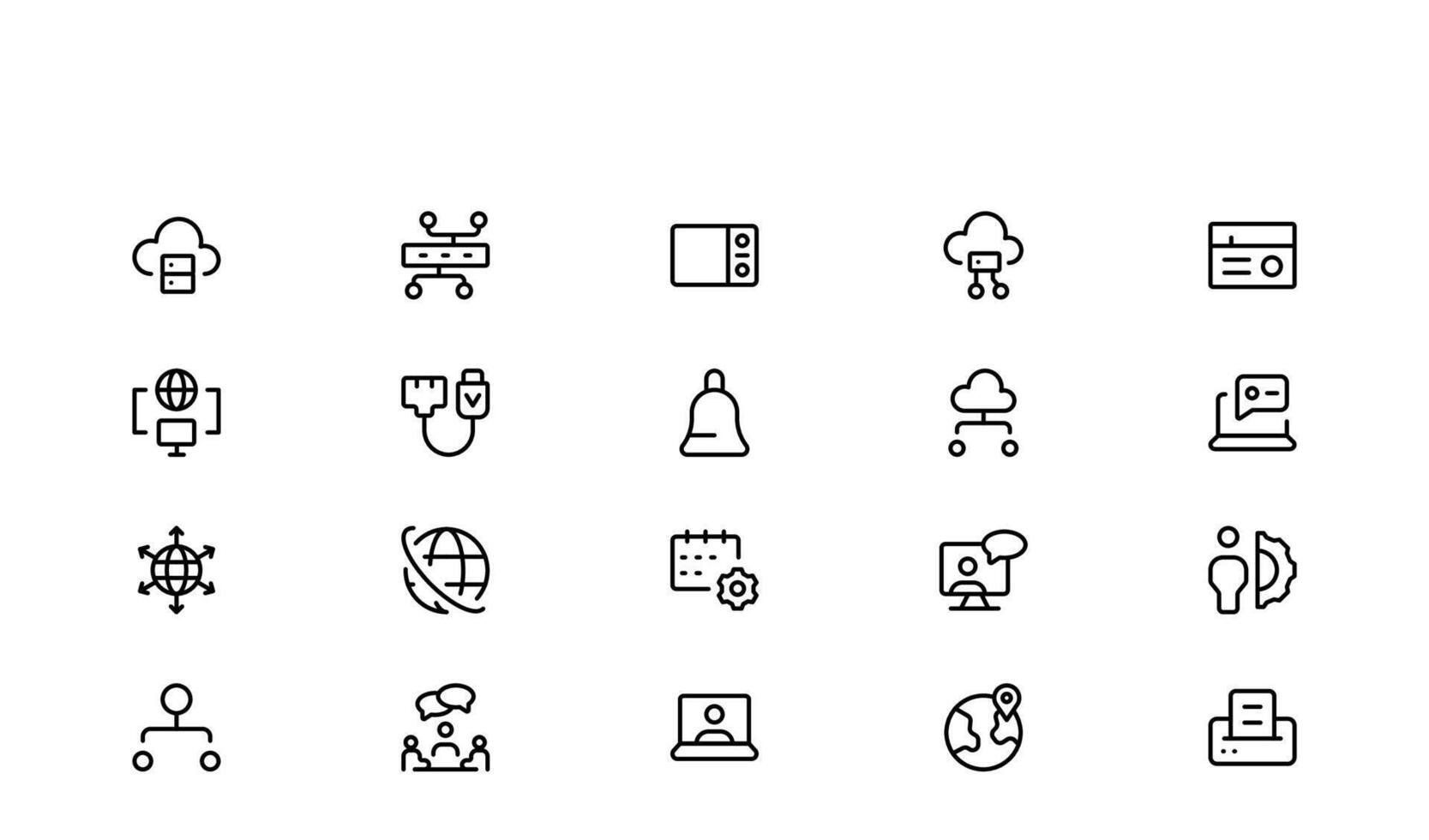 profesional redes línea icono conjunto mínimo contorno estilo conjunto con Internet conexión, datos transferir, Wifi señal, nube, enrutador, y global comunicación ilustraciones vector