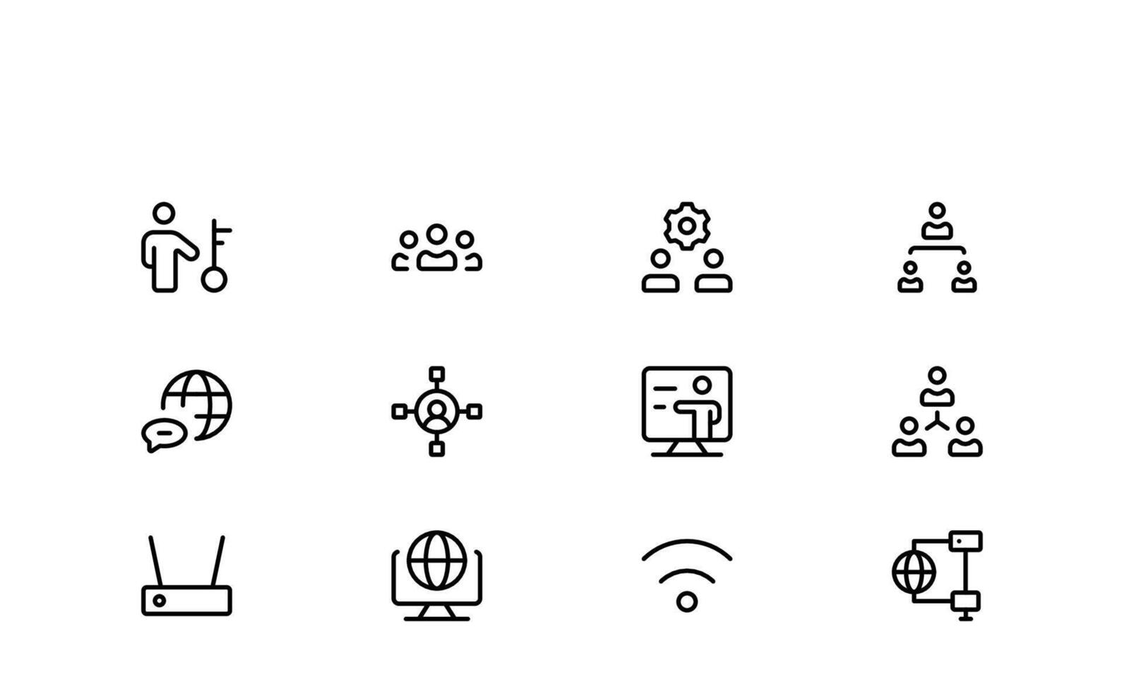 Professional Networking Minimal flat networking icon set in outline and modern style, featuring communication, cloud services, IT systems, online data sharing, devices, and digital teamwork visuals vector