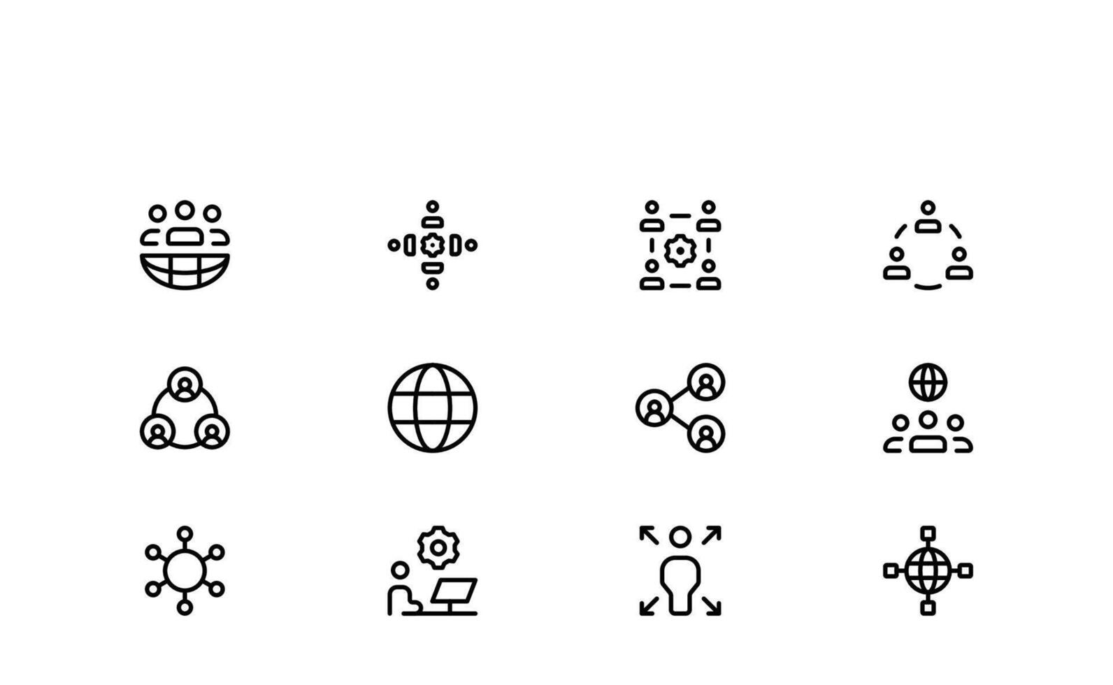 Elegant outline networking icons in linear minimal design, representing internet connection, global communication, cloud technology, devices, server, and IT collaboration vector