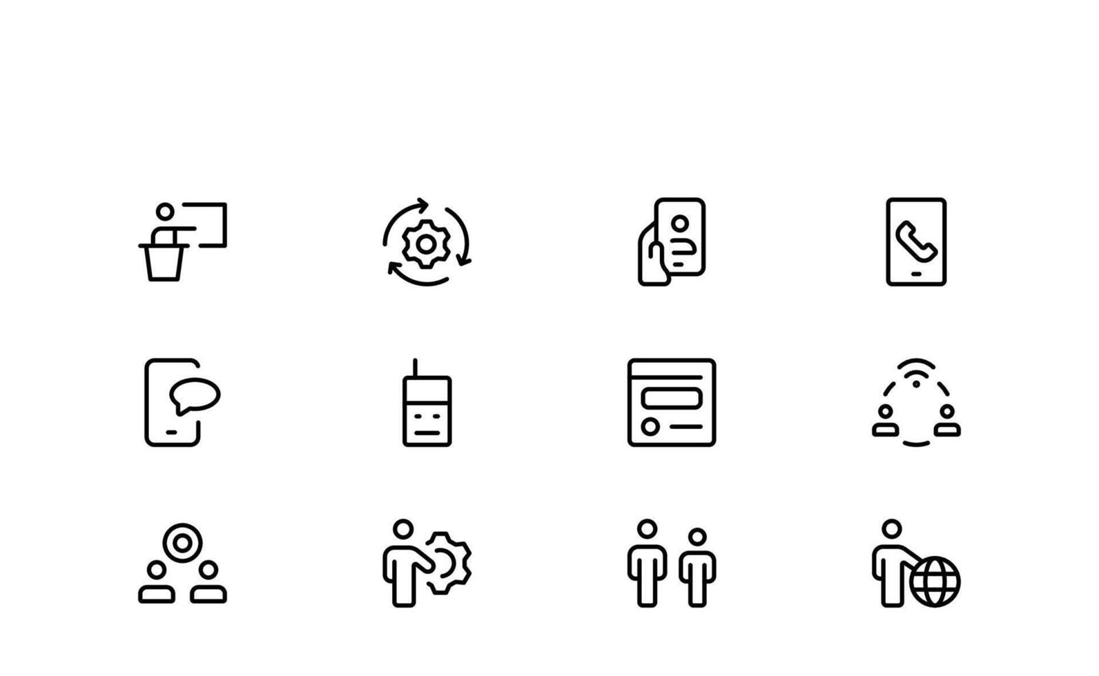 Minimal flat networking icon set in outline and modern style, featuring communication, cloud services, IT systems, online data sharing, devices, and digital teamwork visuals vector