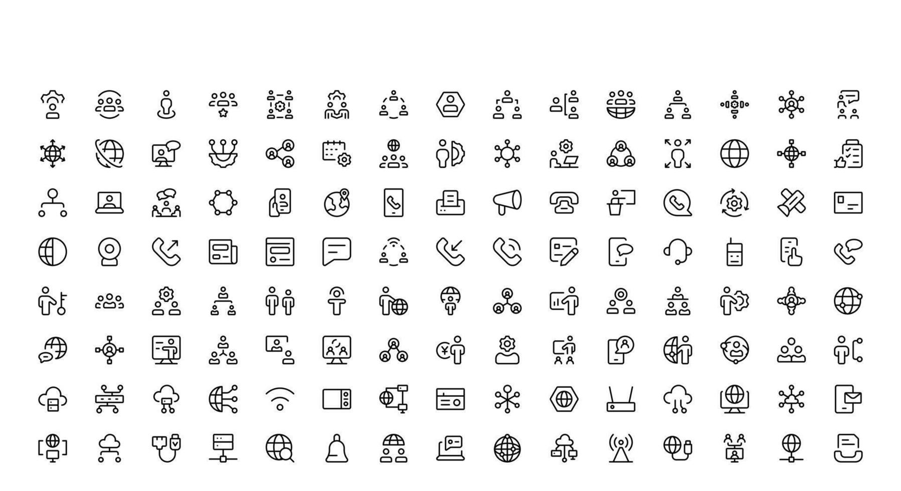 Professional Networking Linear networking icons set in simple outline style, including internet connectivity, data sharing, wireless technology, communication devices vector
