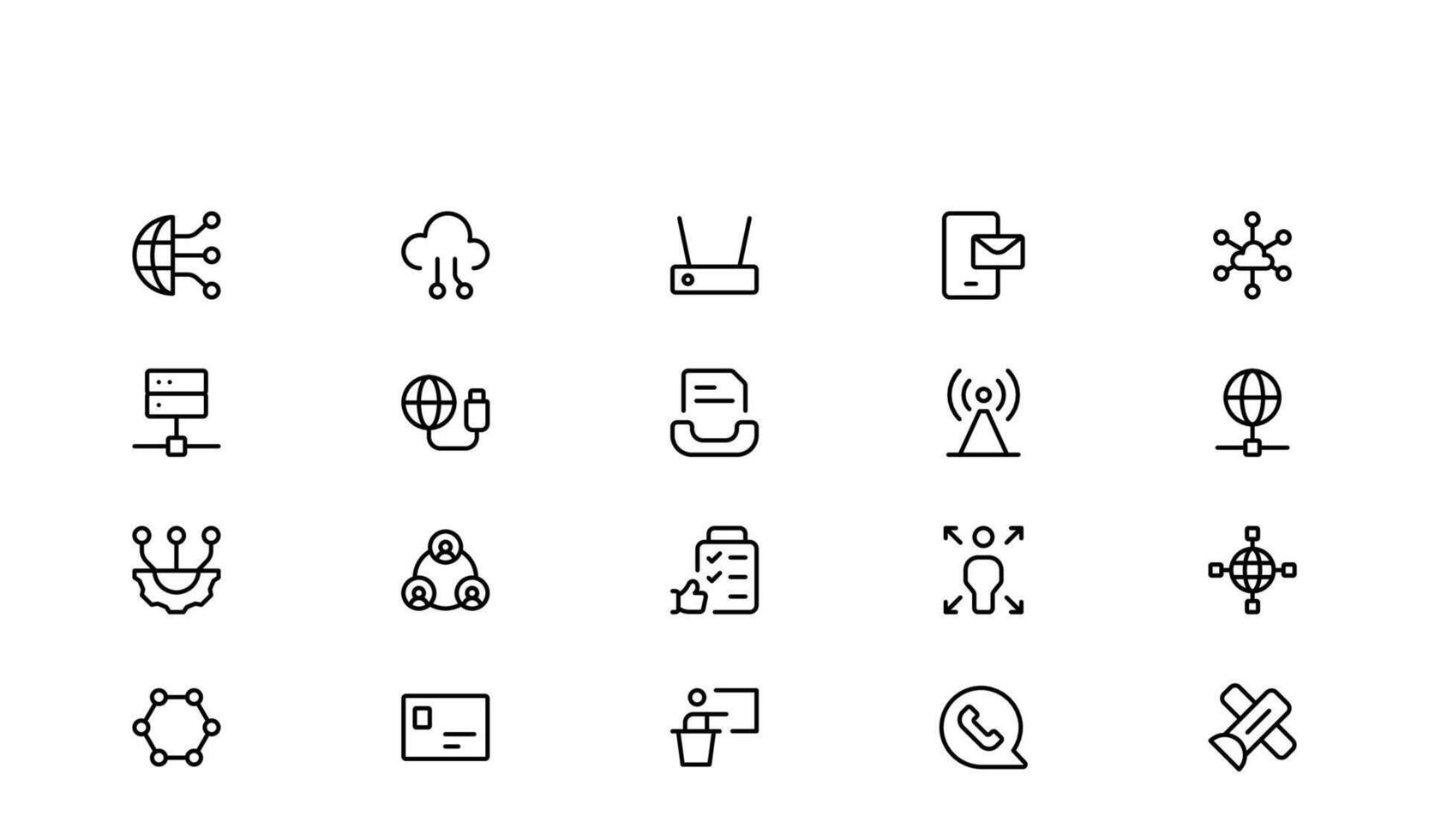 Professional Networking Line Minimal Outline Style Set with Internet Connection, Data Transfer, WiFi Signal, Cloud, Router, and Global Communication Illustrations Lines and Crisp Details vector