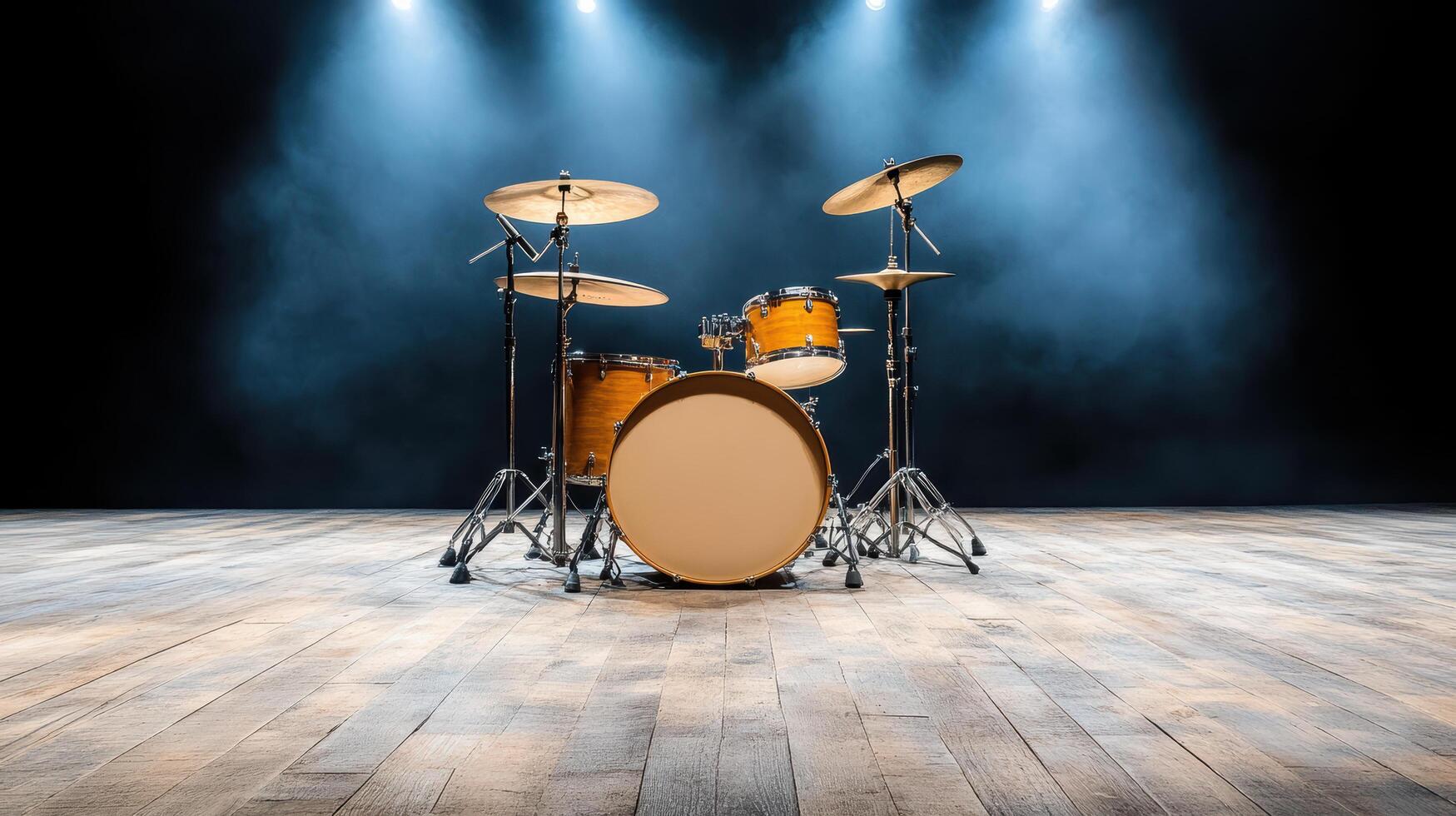 Drum set on empty stage with dramatic lighting and smoke effects, creating inviting atmosphere photo