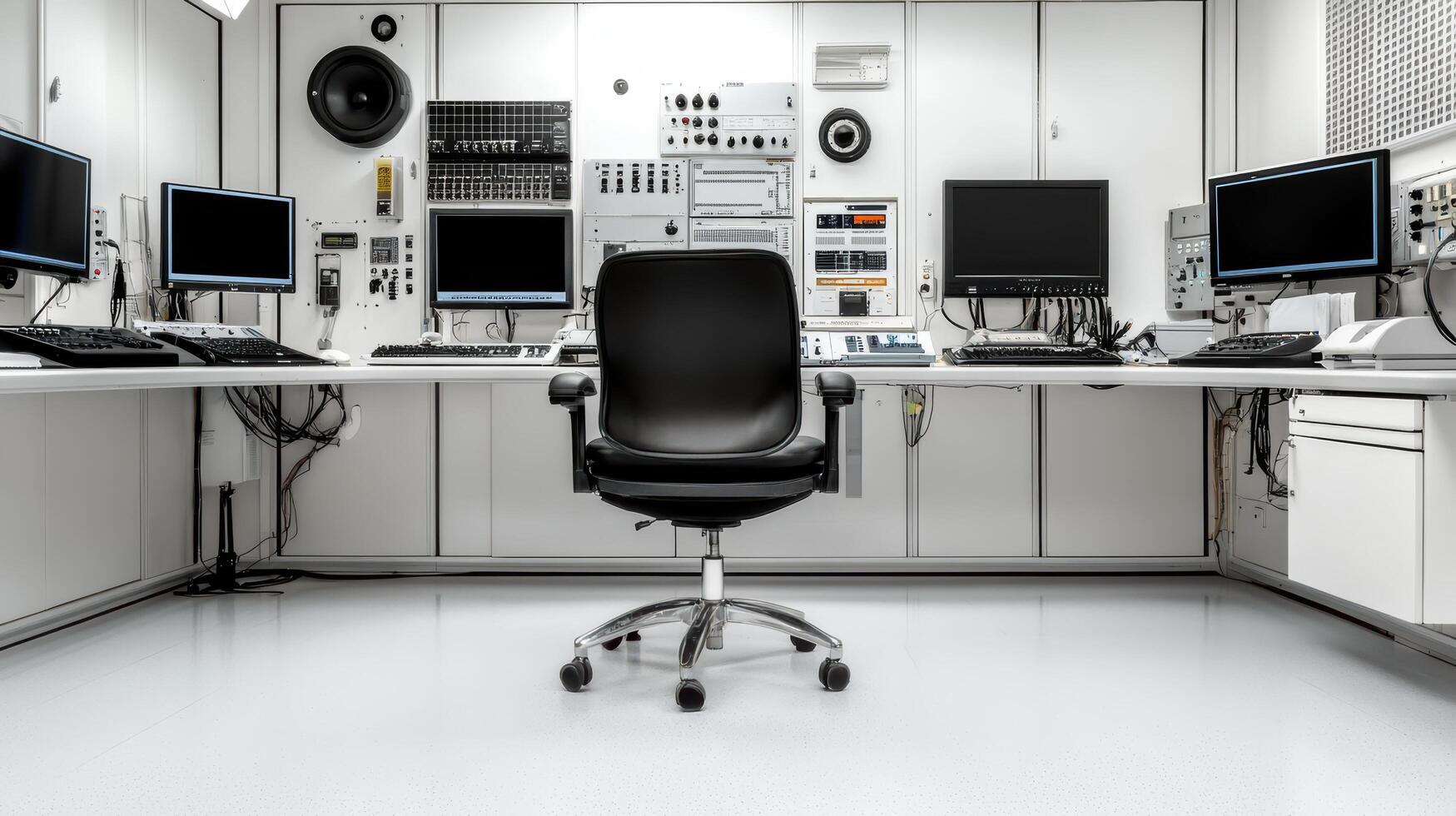 A computer room with multiple monitors and keyboards photo