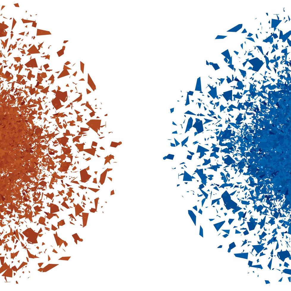 Explosion Cloud of Red and Blue Pieces on White Background. Sharp Particles Randomly Fly in the Air. Big Explosion vector