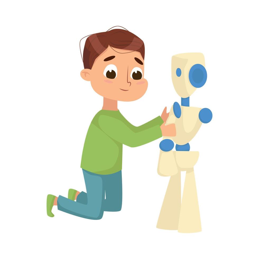Cute Boy Creating and Programming Smart Robot, Programming Lesson Educational Project Cartoon Style Illustration vector