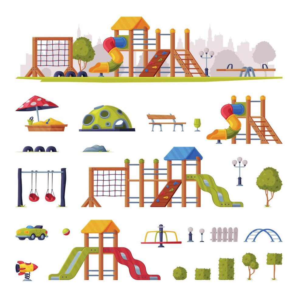 Children Playground Elements with Slide, Swings and Ladders Set vector