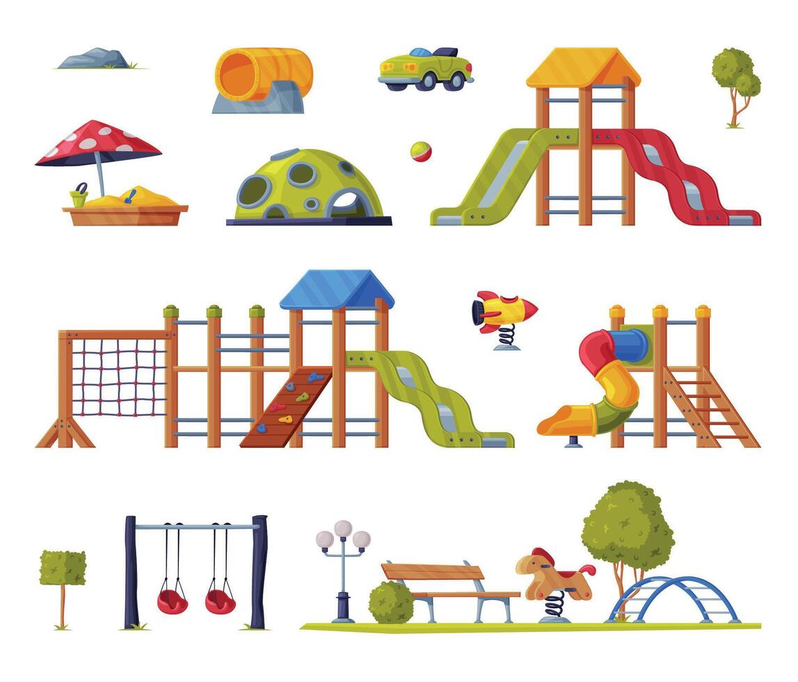 Playground set with playground equipment, playground, swings, slides, swings, swings set, playground vector