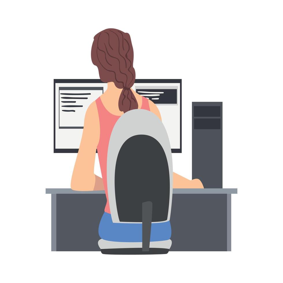 Woman Web Developer or Programmer Working In Front of Computer Screen Illustration vector