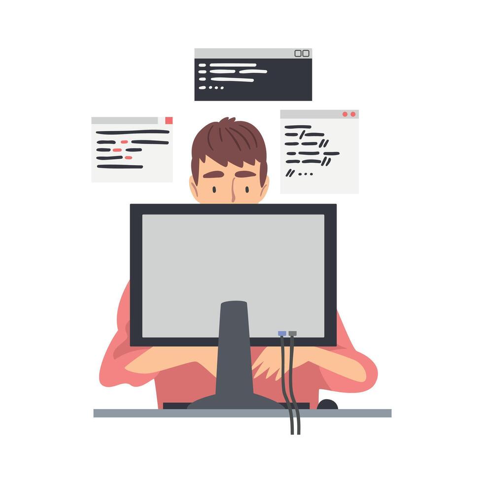 A man is sitting at a computer with a lot of code on the screen vector