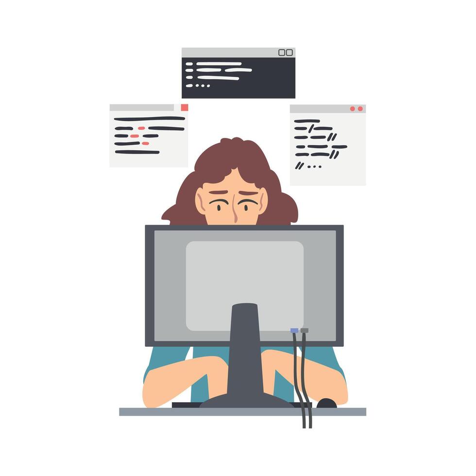 A woman is sitting at a computer with a stack of code on the screen vector