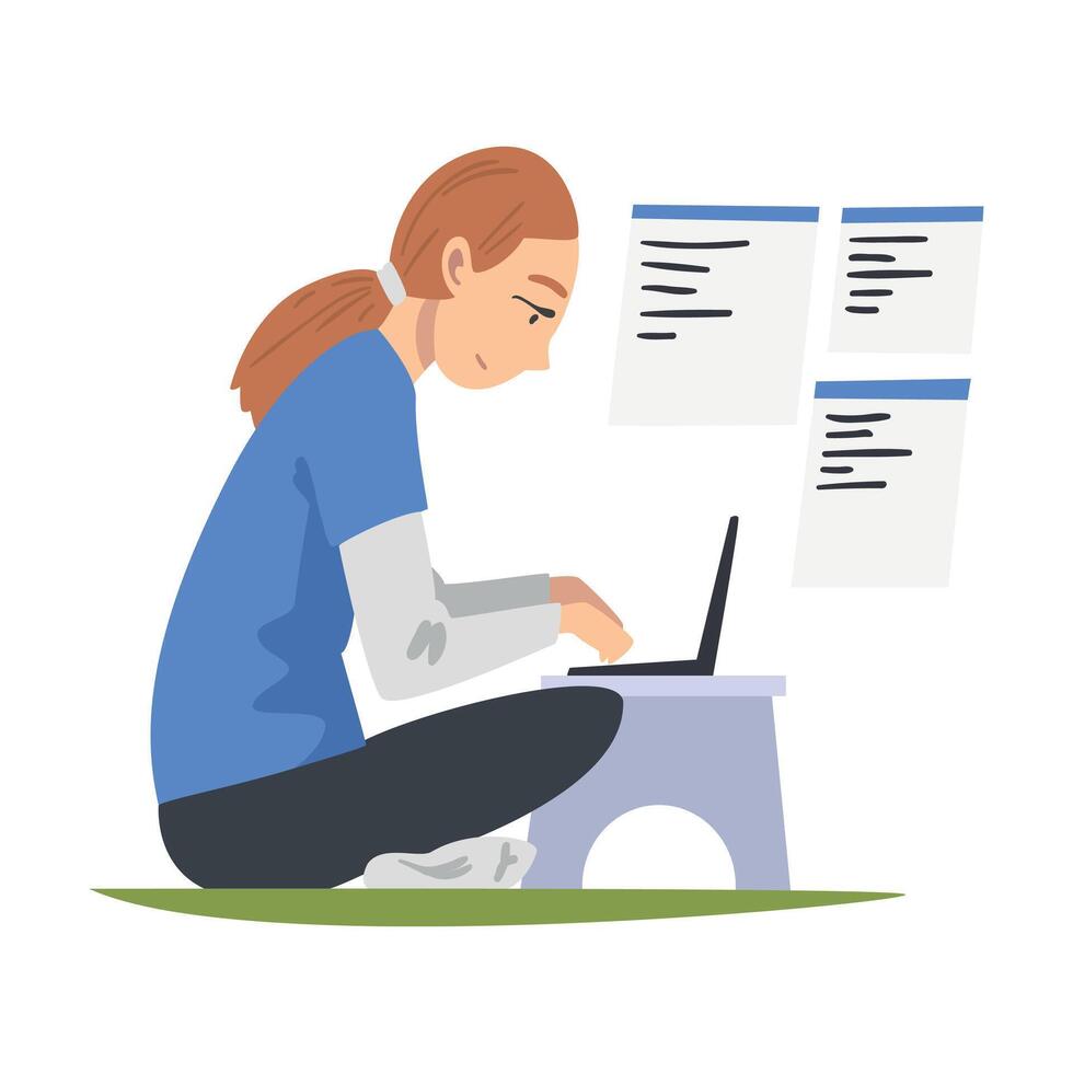 Woman as Software Developer or Programmer Engaged in Coding in Server-side Framework on Laptop Illustration vector