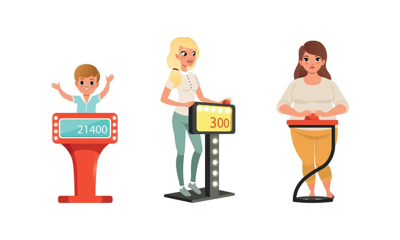 People Characters Participating in Panel Game on Television Standing In Front of Button Stand Answering Questions Illustration Set vector