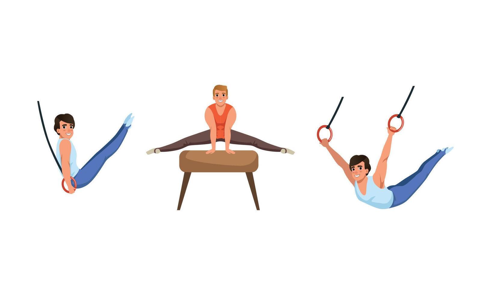 Young Guy Training on Different Gymnastics Apparatus Like Pommel Horse and Rings Set vector