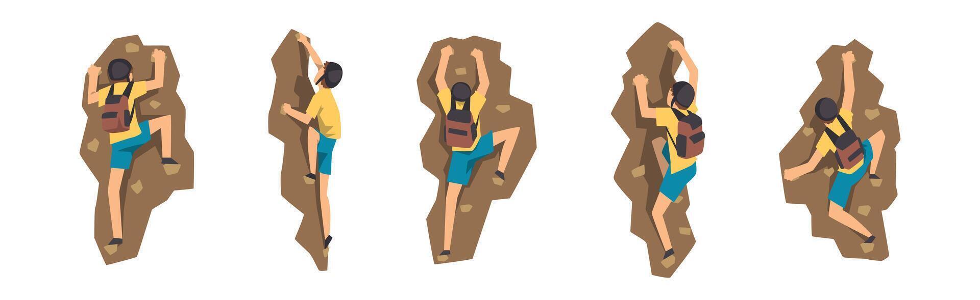 Four different views of a person climbing up a rock vector
