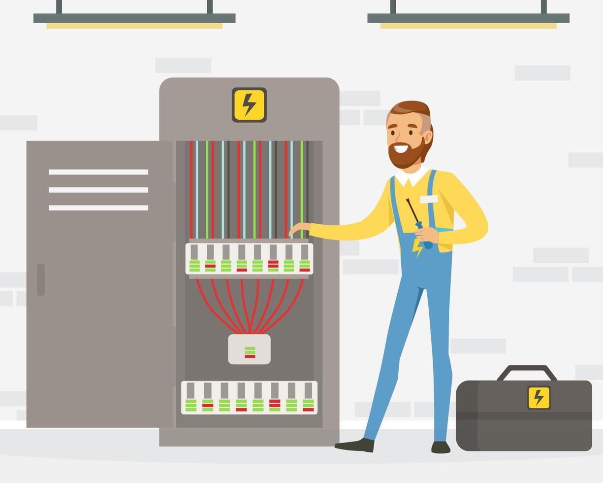 A man in overalls standing next to a cabinet with a computer vector