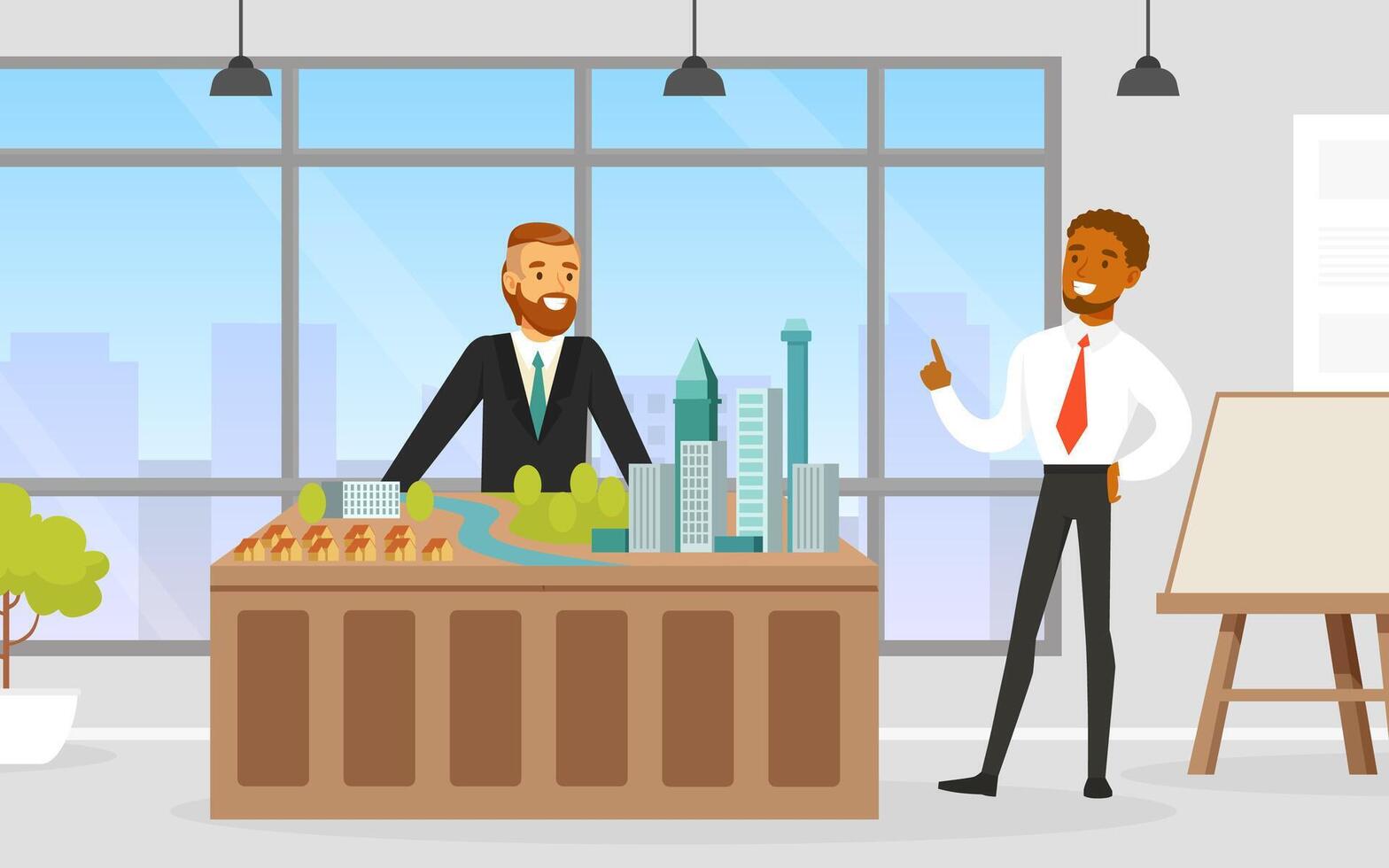 Man Architect Presenting Architectural Model or Maquette of Future Building Illustration vector