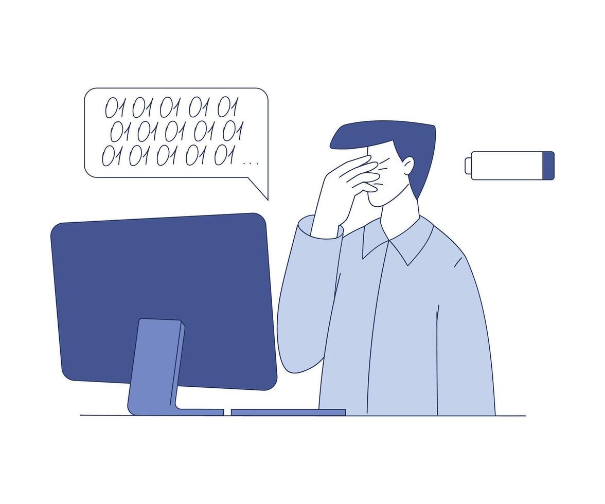 Tired Man at Desk Computer Programming Illustration vector