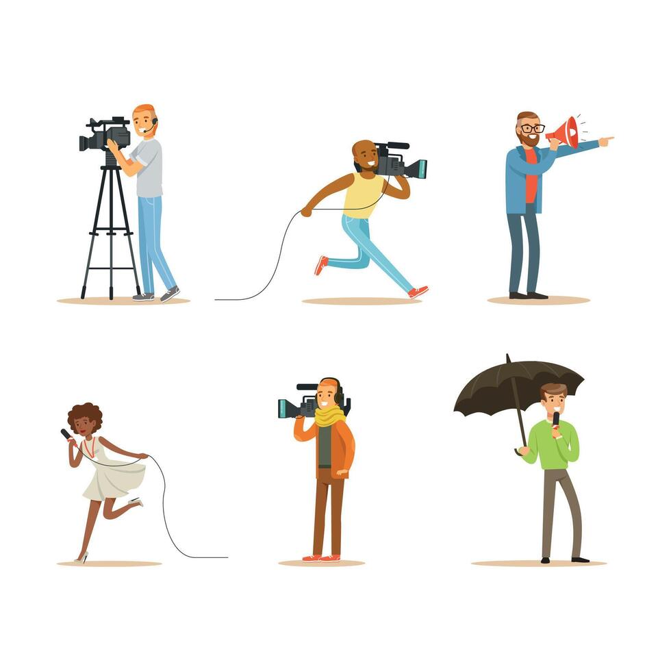 News Program Crew of Professional Cameramen and Journalists Creating TV Broadcast of Live Television Set. vector