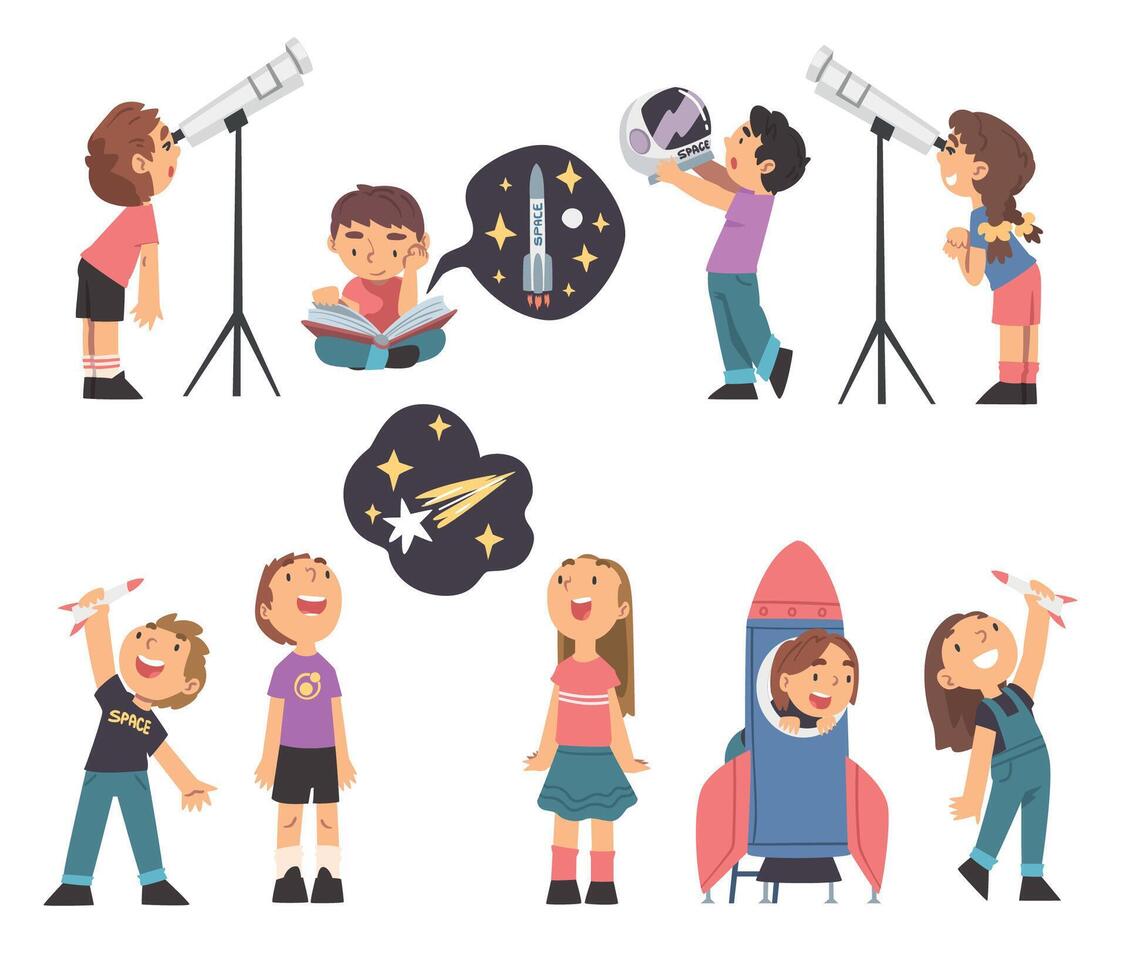 Children Characters Studying Space and Galaxy Dreaming of Being Astronaut and Playing with Spacecraft Set vector