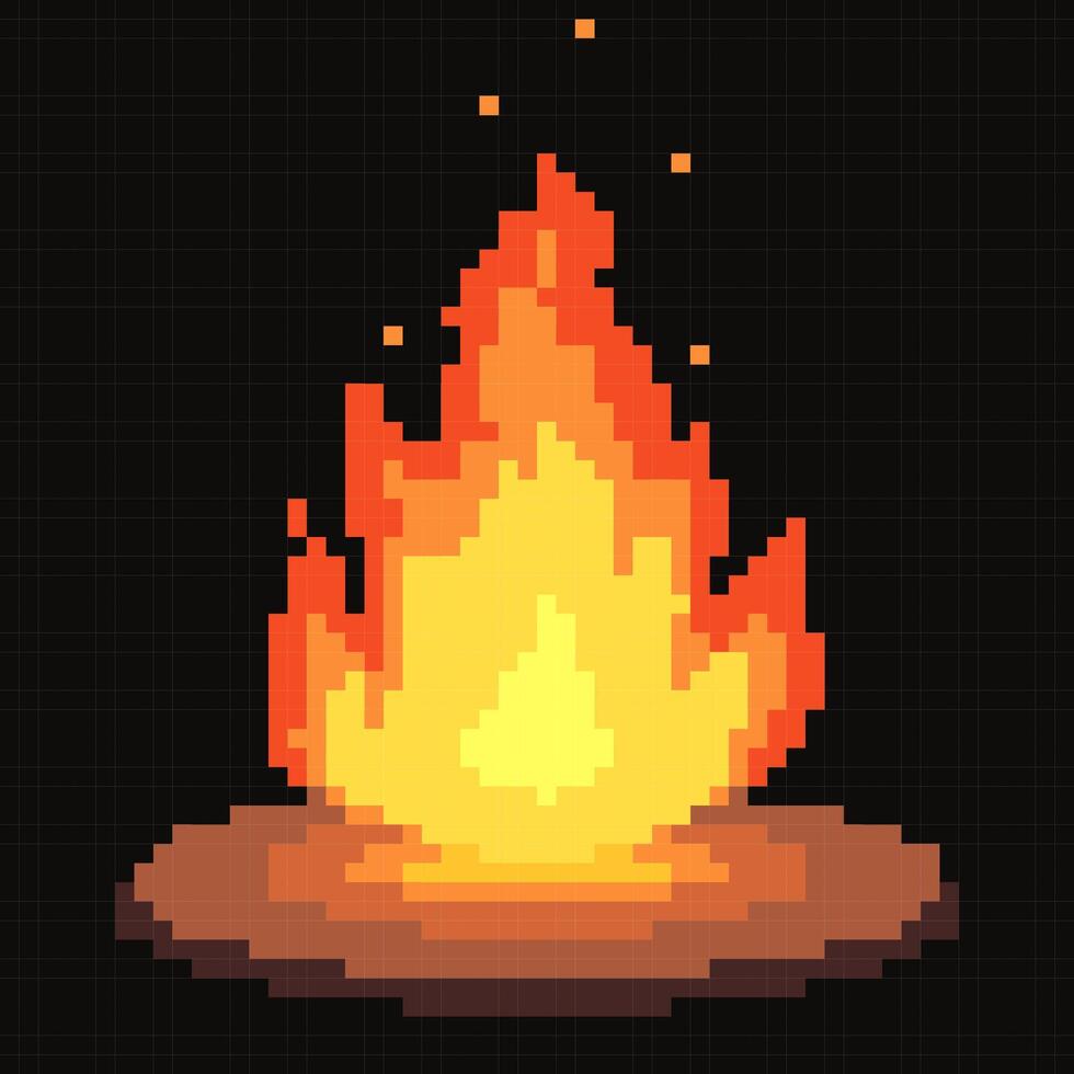 Bright pixel art bonfire illustration. Perfect for game development, web design, or any creative project needing a retro aesthetic. Isolated image on black background. vector