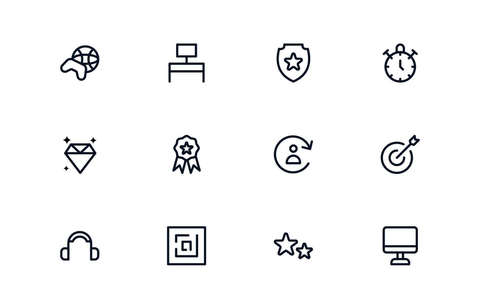 Flat Gaming Icon Pack. Minimal Linear Outline Collection Featuring Gamepad, Console, Joystick, Headset, Esports. Modern Clean Symbols for Apps and Websites. vector