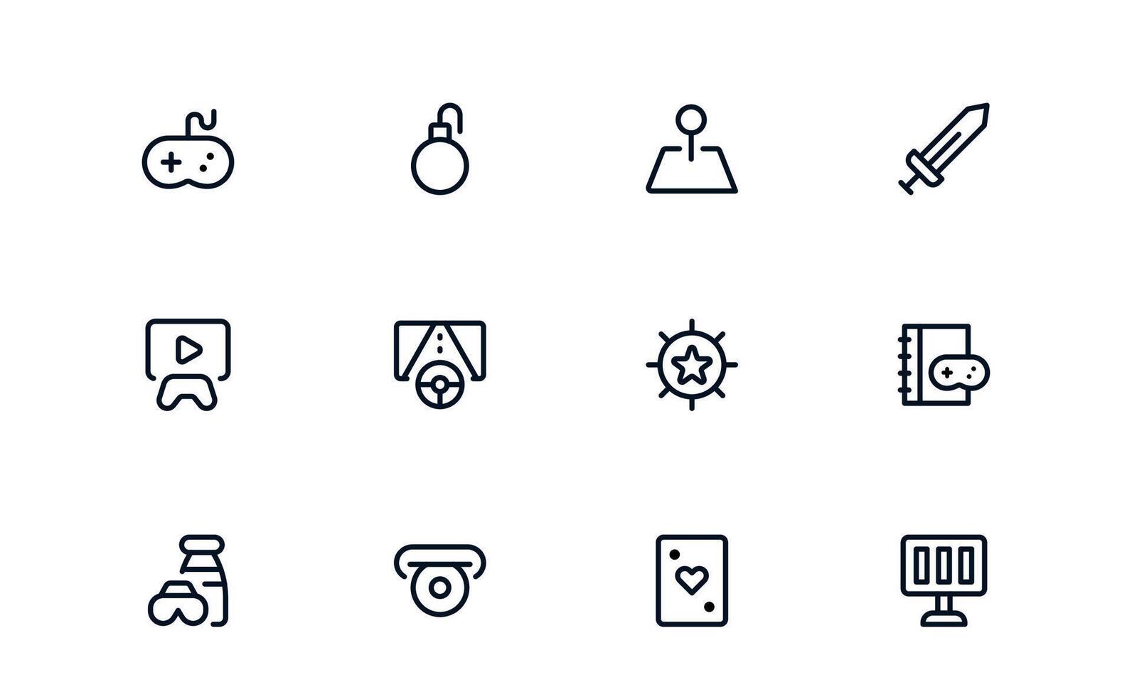 Console and Gaming Icons. Flat Linear Outline Collection with Controller, Joystick, Headset, Keyboard, Esports, PC Gaming. Minimal Style for Web and UI Design. vector
