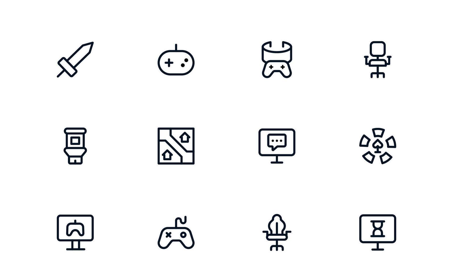 Outline Gaming Icons. Flat Linear Minimal Collection Featuring Console, Joystick, Controller, Headset, Keyboard, Esports. Perfect Pack for Apps, UI, and Web Design. vector
