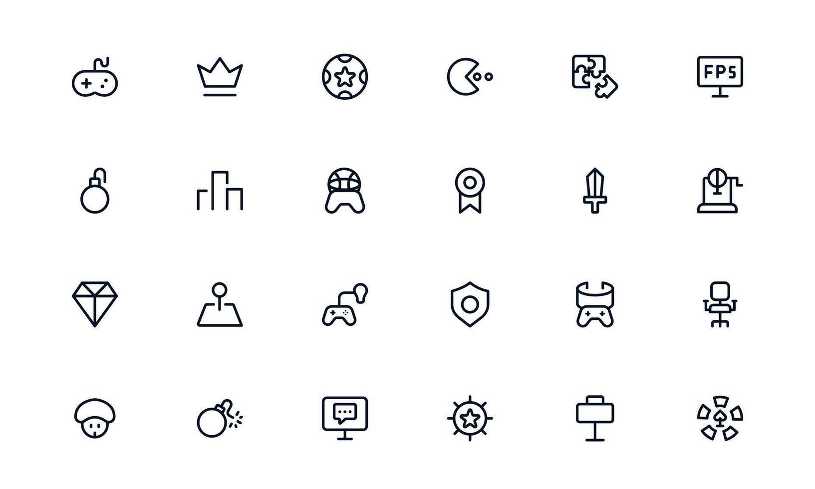 Game Controller and Gaming Icons. Flat Linear Outline Collection Featuring Console, Joystick, Headset, Keyboard, Esports. Perfect for Web and UI Projects. vector
