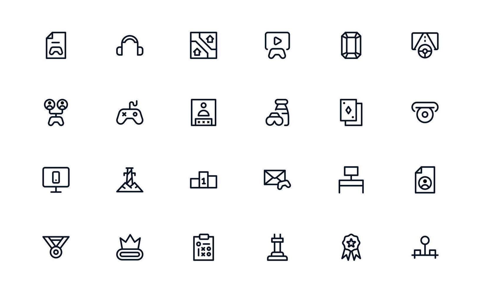 Gaming Icons Set. Flat Linear Outline Collection with Console, Controller, Joystick, Headset, Keyboard, Esports. Minimal Style for Web, Apps, and Infographics. vector