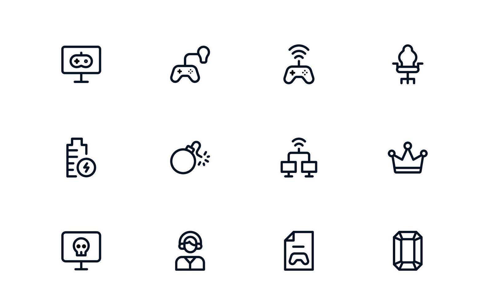 Gaming and Entertainment Icons. Flat Outline Linear Minimal Symbols with Console, Controller, Joystick, Headset, Keyboard. Perfect for Apps, Infographics, and Web. vector