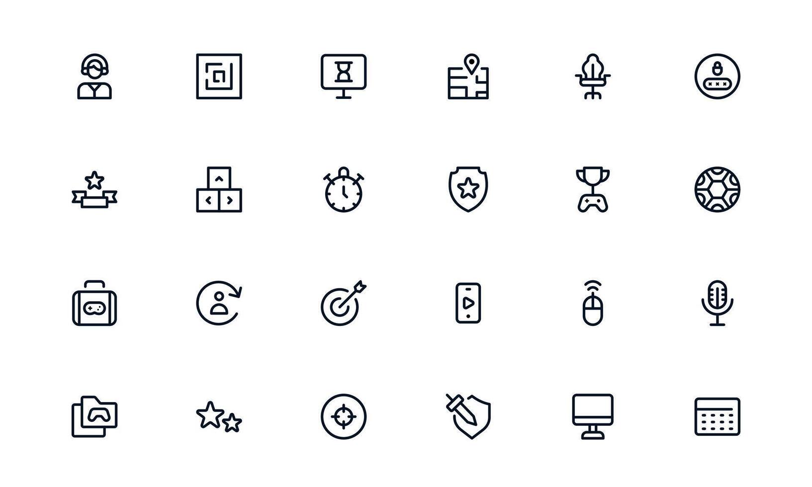 Minimal Gaming Icons. Flat Linear Outline Symbols with Console, Controller, Joystick, Keyboard, Headset, Esports. Clean Modern Pack for Apps, Web, and Infographics. vector