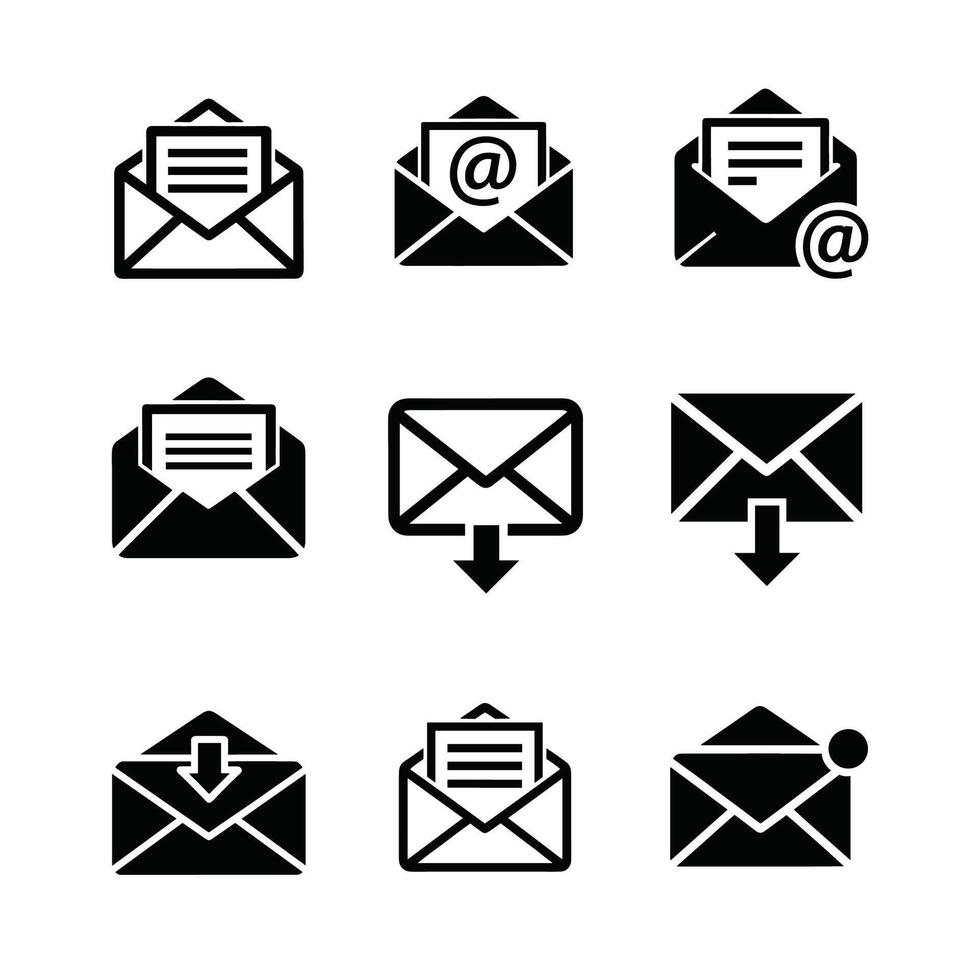 Email Communication Icons Depicting New Messages, Inbox, and Notifications vector