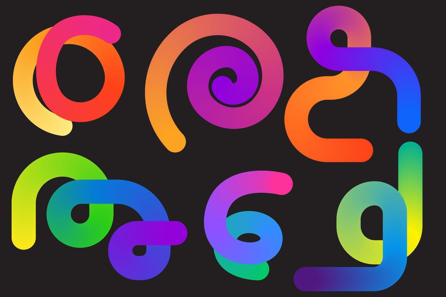 Dynamic rainbow ribbons twist into vibrant gradient waves across black space. Ideal for web backgrounds, branding, digital art, UI elements, and creative projects. vector