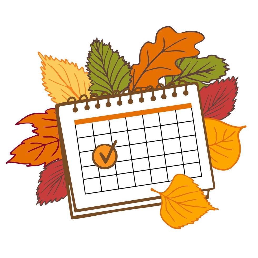 Spiral-bound calendar page marked with a check surrounded by vibrant autumn leaves. Ideal for fall planning, event reminders, seasonal promotions, and scheduling tasks. Start of autumn, sale starting vector