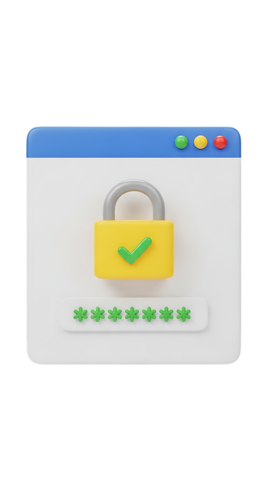 3d render of a login window with a yellow padlock and password field, isolated on transparent background png