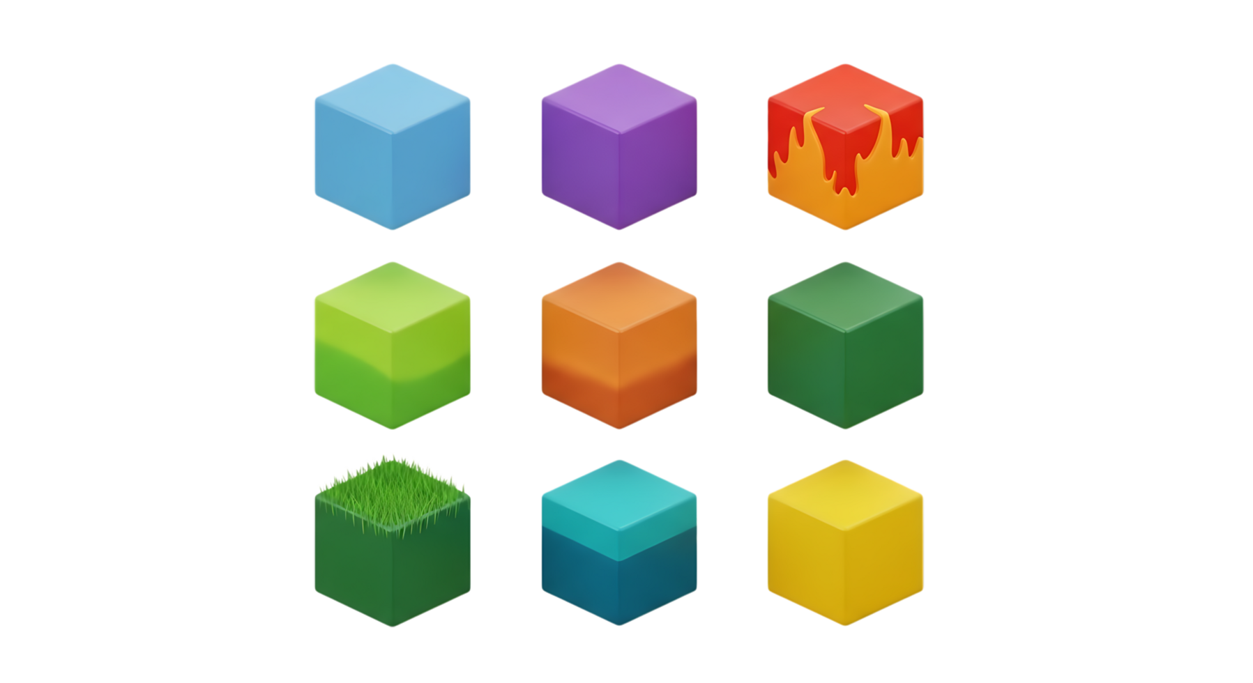 Grid of nine colorful isometric cubes with different textures and patterns isolated on transparent background png