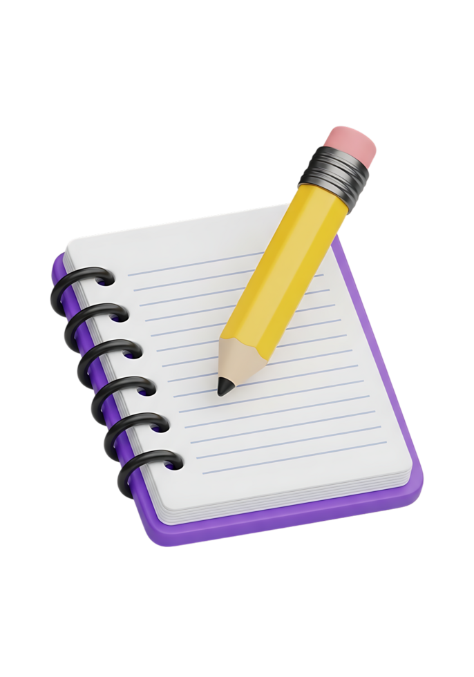 3d rendering of a yellow pencil on an open spiral notebook with purple binding, isolated on transparent background png
