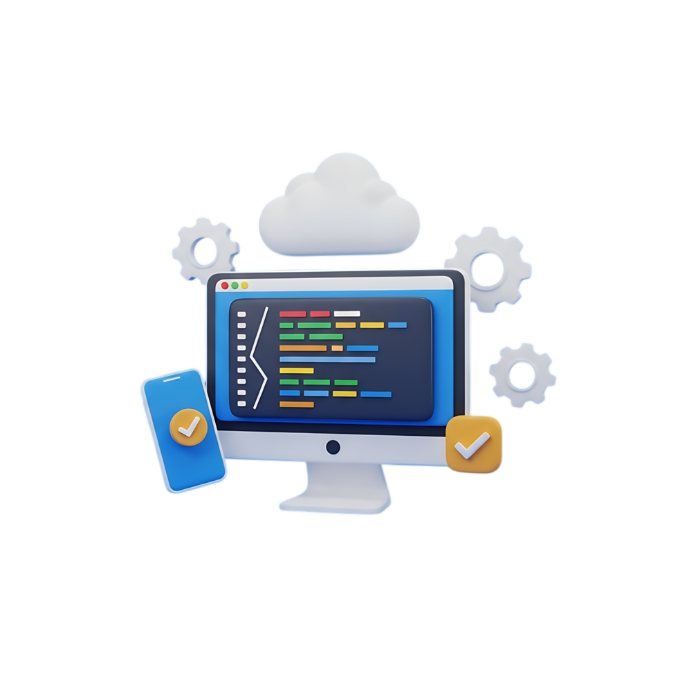 Computer setup with code on screen, phone, cloud, and gears isolated on transparent background png