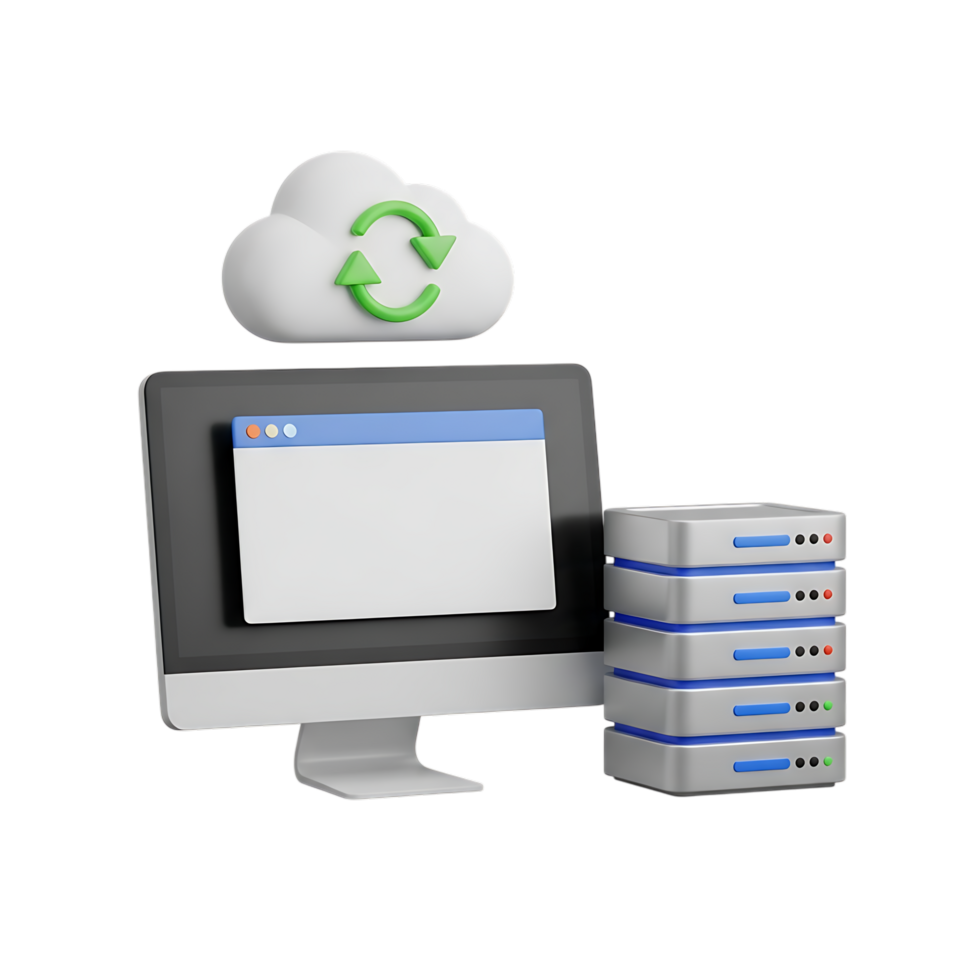 3d cloud computing and data storage concept with computer and servers isolated on transparent background png