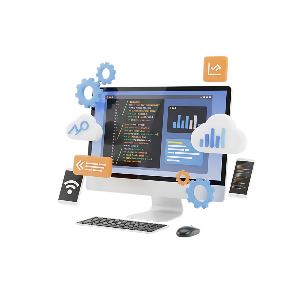 Computer screen displaying code and data with surrounding technology elements isolated on transparent background png