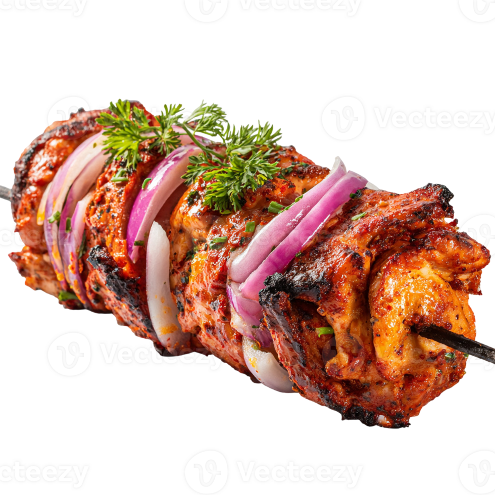 Grilled chicken kebab featuring onions, parsley and chives on transparent background png