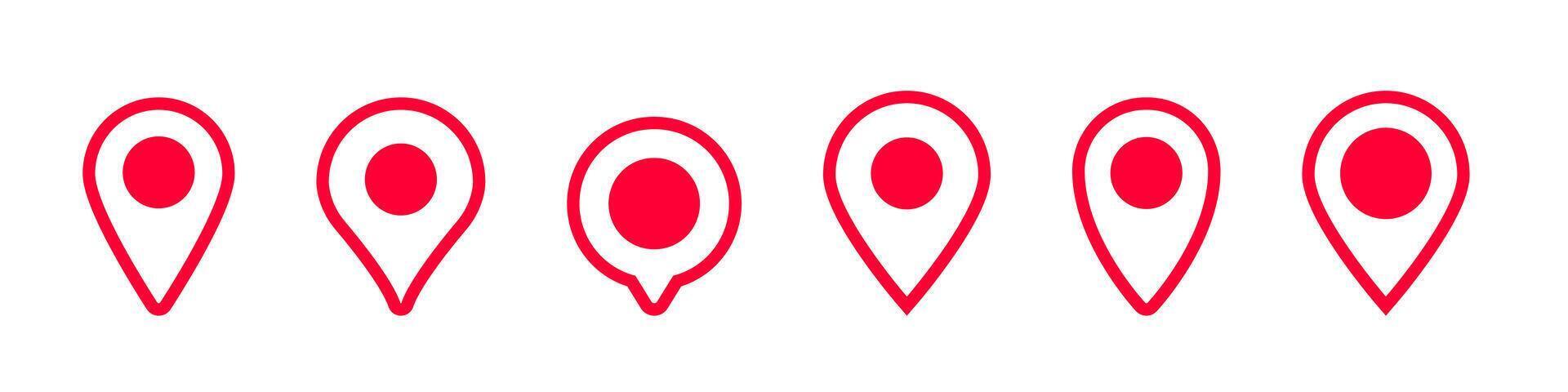 Red map location icons in different styles and designs for navigation and travel purposes vector