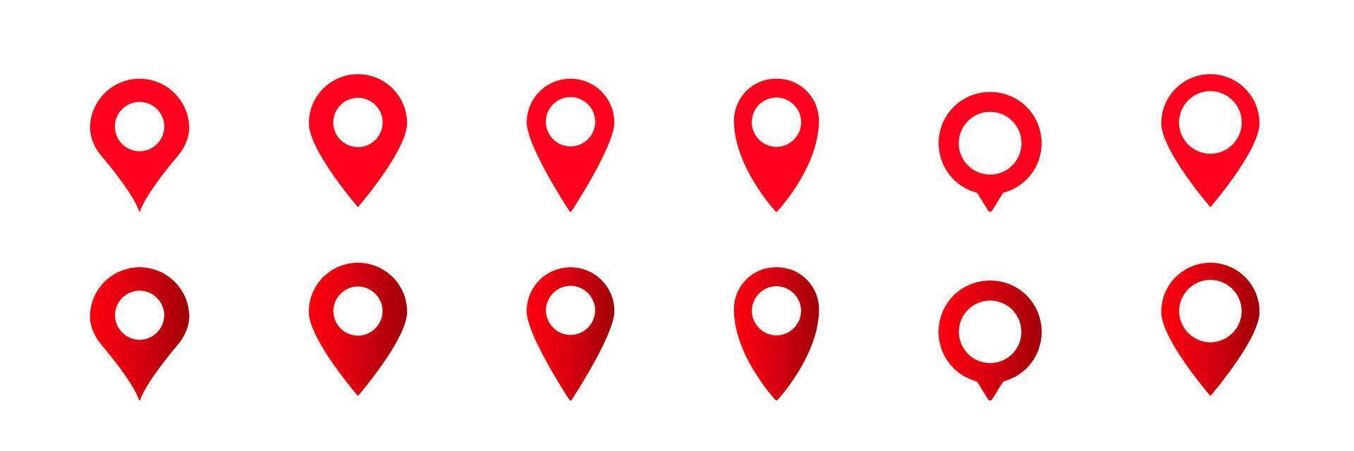 Various red location pin icons indicating different styles and shapes for map applications vector