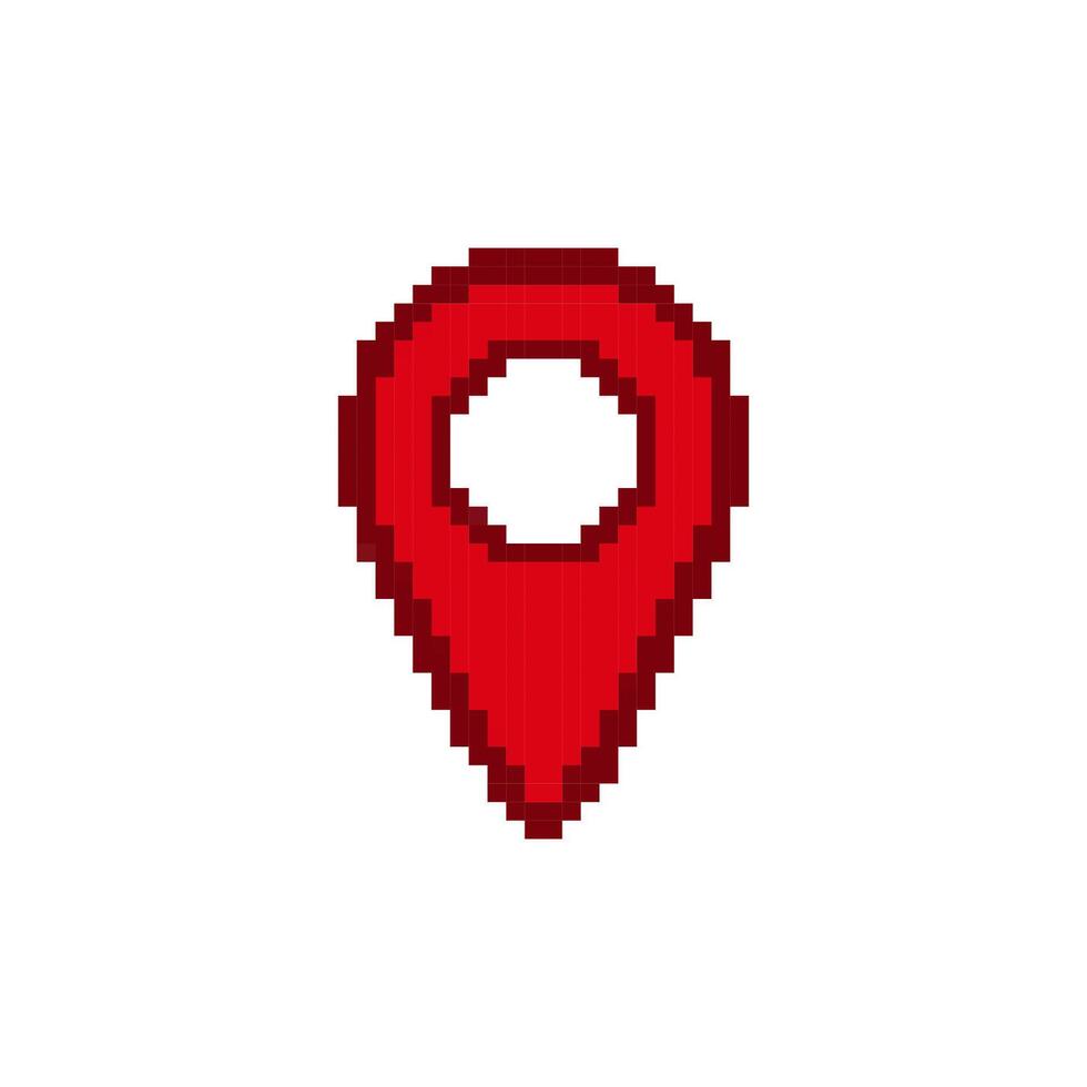 Pixelated red map pin icon with simple two-dimensional design and central hollow circle vector