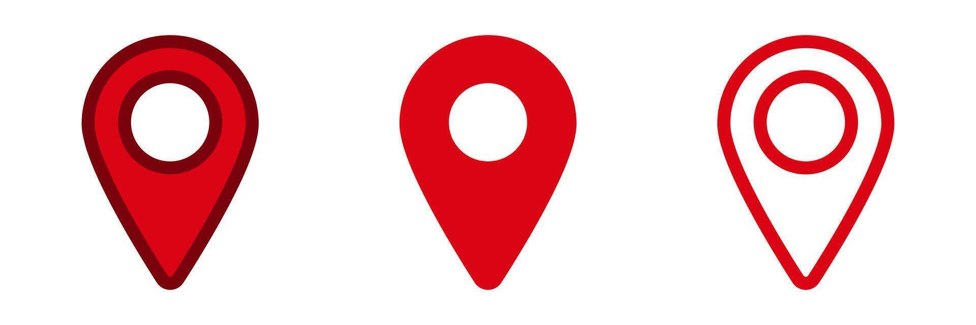 Red location marker icons representing different styles and designs for maps and navigation vector