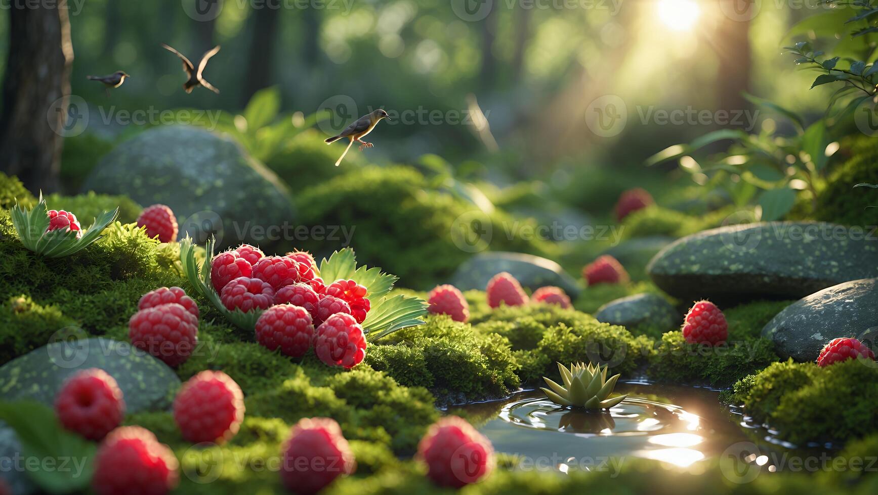 Raspberry Patch in Mossy Forest with Birds and Sunlight photo