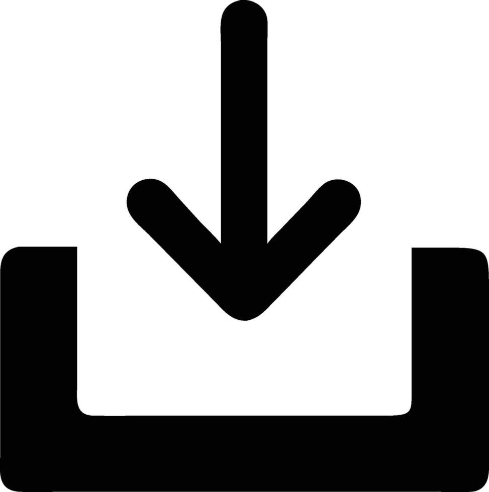 Simple black download icon arrow pointing down into box for software and data vector
